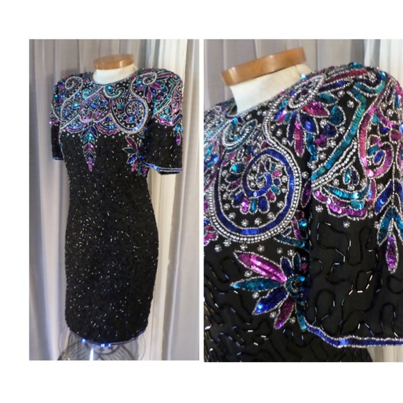 Silk Size 6 Dress Bead Sequin Black Red Gold VTG - Picture 3 of 8